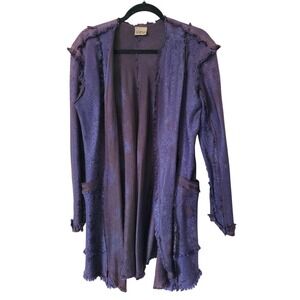 URU Purple Floral Jacquard Open Front Cardigan Duster Raw Edge Boho Lagenlook